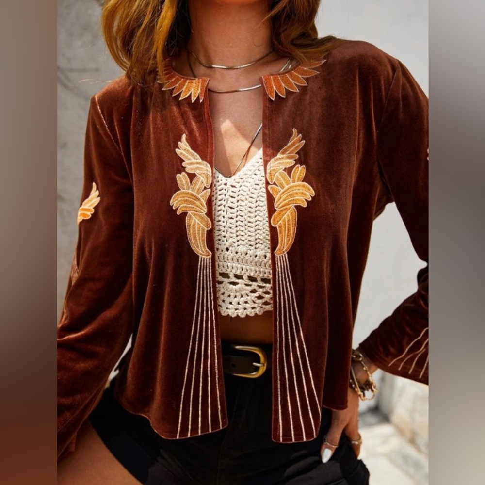 RusttyDustty Floral Embroidery Open Front Velvet Blazer.Hendrix BoHo Hippie  Med